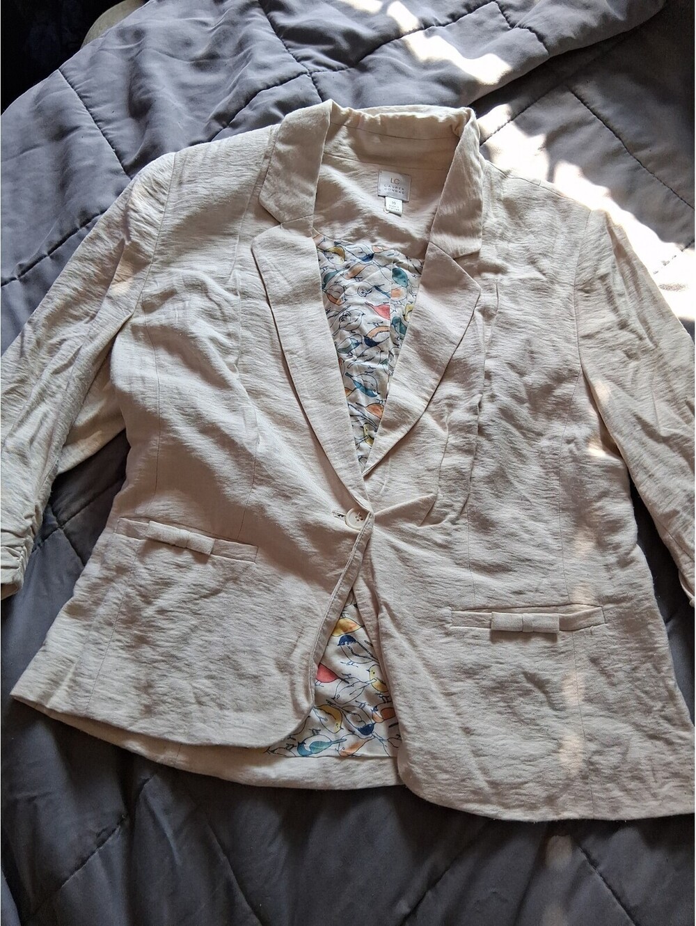 Women’s LC  Lauren Conrad Cream Button Blazer Birds On Liner Pockets Size 10 E2